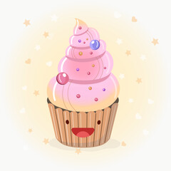Cute cupcake vector icon illustration. Sticker cartoon logo. Food icon concept.  Flat cartoon style suitable for web landing page, banner, sticker, background. Kawaii cupcake.