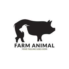 Vector illustration with cow, pig, goat and chicken. Livestock pattern with farm animals and leaves. Green logo for agricultural company.