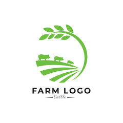 Vector illustration with cow, pig, goat and chicken. Livestock pattern with farm animals and leaves. Green logo for agricultural company.