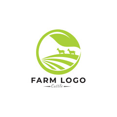 Vector illustration with cow, pig, goat and chicken. Livestock pattern with farm animals and leaves. Green logo for agricultural company.
