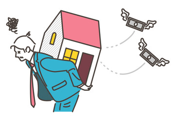 Mortgage payment concept. Man, house and money [Vector illustration].