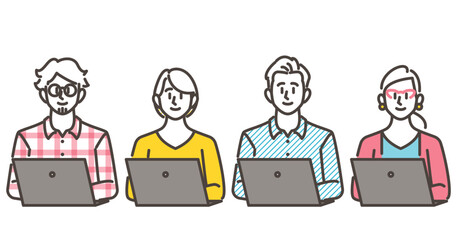 Vector illustration set of a stylish man and woman working on a computer