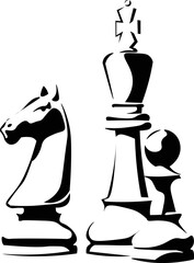 Black and White Cartoon Illustration Vector of Chess Pieces King Knight Pawn