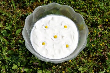 Glass bowl with fresh plain yogurt, decorated with daisy flowers