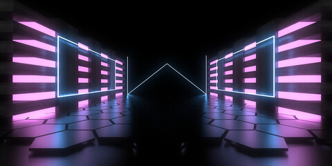 3D abstract background with neon lights. neon tunnel  .space construction . .3d illustration