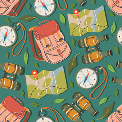Summer camp. Vector pattern illustration. Camping with hiking backpack, map, binoculars, compass. Dark background, cartoon style