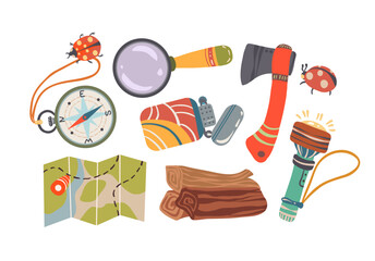 Vector illustration. Summer camp with map, compass, magnifying glass, lighter, lantern, ax. Postcards, stickers