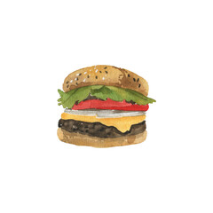 Hamburger.  Watercolor illustration. Isolated object on a white background. Hand-drawn illustration.