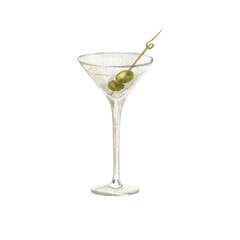 Martini glass with olives.  Watercolor illustration. Isolated object on a white background. Hand-drawn illustration.