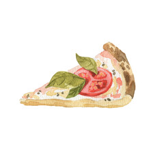 Piece of pizza. Watercolor illustration. Isolated object on a white background. Hand-drawn illustration.