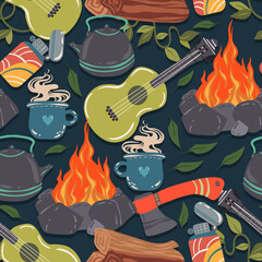 Vector illustration. Summer camp with bonfire, guitar, teapot, mug, axe, lighter. Pattern. Dark background, wallpaper, cartoon style