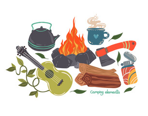 Vector illustration. Summer camp with bonfire, guitar, teapot, mug, axe, lighter. Postcards, stickers