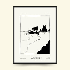 Abstract landscape interior contemporary minimal aesthetic. Hand drawn linear illustrations for wall decoration, postcards or brochures, cover design, stories, social media, app design.