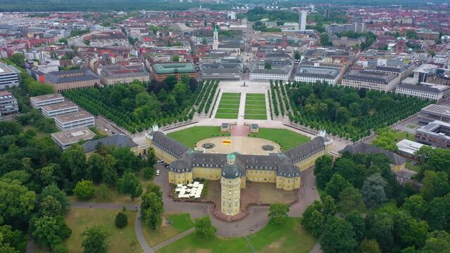Aerial view around downtown Karlsruhe  and the palace  on a sunny summer afternoon.