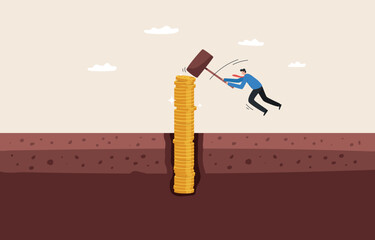 Financial stability. Wealth management. Maintain stable financial assets and stable system. Businessman uses a hammer to drive money coin into the ground.