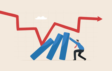 Dealing investment risks.  Stock market crash. .Economic recession from high inflation. .lost capital. Businessman trying to prevent the bar chart from falling down.