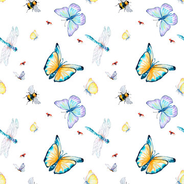 Grassland insects watercolor illustration seamless pattern on white.
