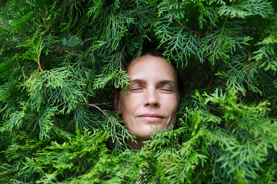 Profile Of A Enjoying Nature  Middle Aged Woman To Stand  In Thuja Branches Breathing Fresh Air. Celebrate Earth's Day. Aromatherapy And Spa Concept. Ecology. Climate Change