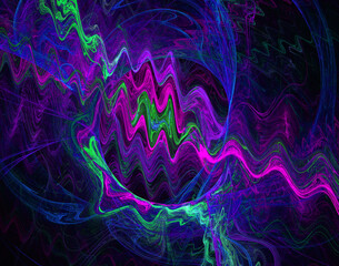 Colorful waves cross the black background diagonally. Abstract fractal background. 3d rendering. 3d illustration.