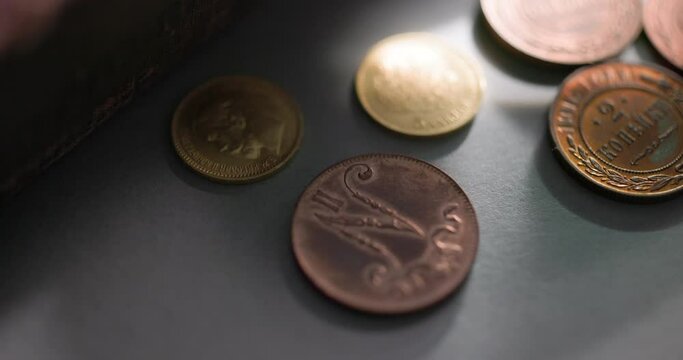 Numismatics. Old collectible coins on the table.
