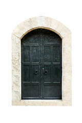 Front view of ancient wooden door on white background.