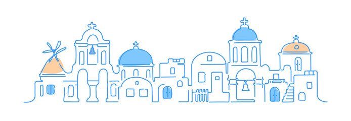 Santorini island, Greece. Traditional white architecture and Greek Orthodox churches with blue domes and a windmill. Vector linear illustration. - obrazy, fototapety, plakaty