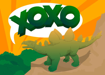 Dinosaur with speech bubble saying XOXO, abbreviation, Hugs and kisses, informal term used for expressing love. Tyrannosaurus Rex with thoughts.