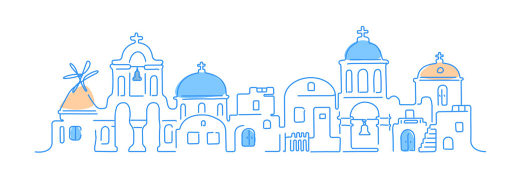 Santorini island, Greece. Traditional white architecture and Greek Orthodox churches with blue domes and a windmill. Vector linear illustration.