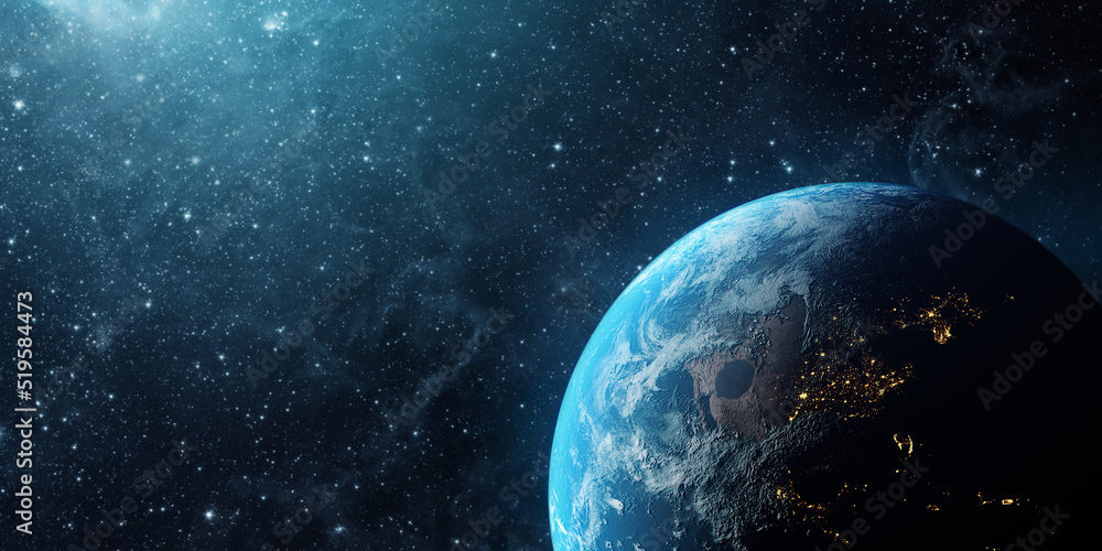 Wall mural panoramic view of the earth, sun, star and galaxy. sunrise over planet earth, view from space. eleme