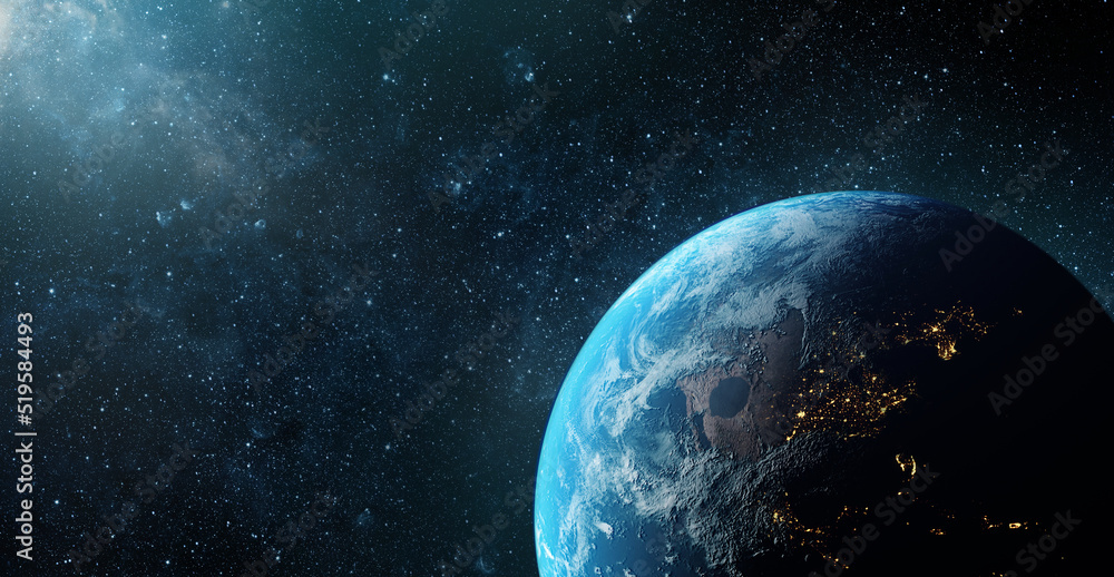Wall mural panoramic view of the earth, sun, star and galaxy. sunrise over planet earth, view from space. eleme