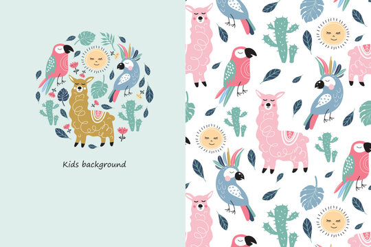 Funny cartoon alpaca, parrots, sun and tropical leaves. Children's print.