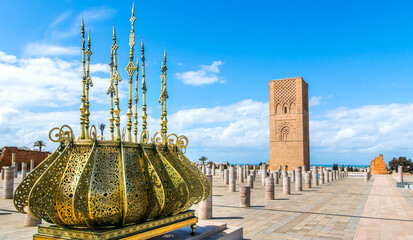 Beautiful square with Hassan tower at Mausoleum of Mohammed V in Rabat, Morocco on sunny day - obrazy, fototapety, plakaty