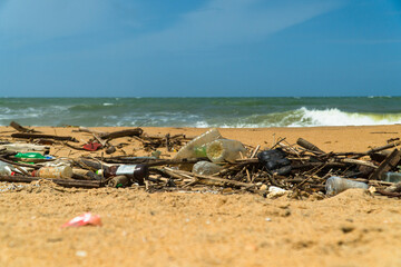 Fototapeta na wymiar Sea coast after the storm. Environmental nature waste. Negombo, Sri Lanka.