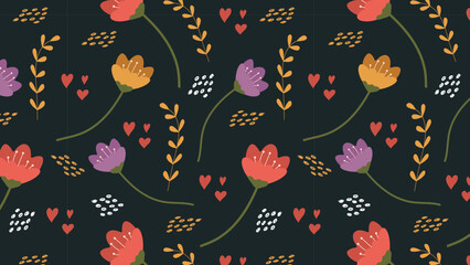 Seamless patterned background with cartoonish colourful flowers. Cute botanical shapes, leaves, decorative abstract vector illustration on black dark rectangular background