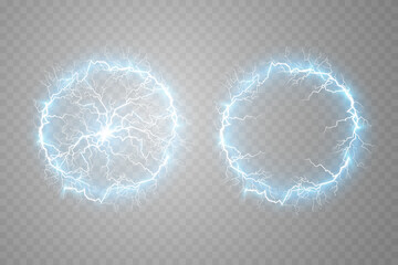Set of fireballs on a transparent light blue background. Vector illustration, abstract electric lightning. Light flash, thunder, spark.