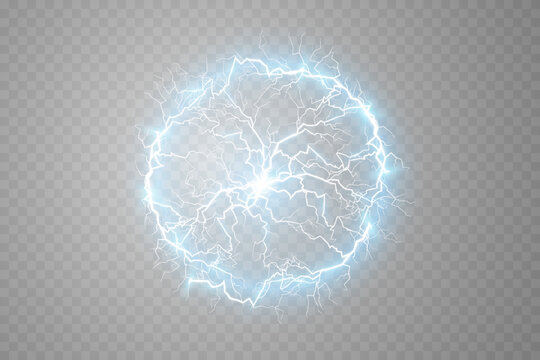 Ball lightning on a light transparent blue background. Vector illustration, abstract electric lightning. Light flash, thunder, spark.