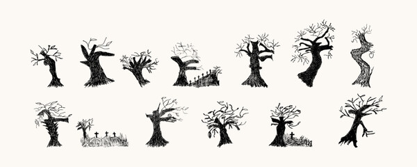 Spooky Dead Trees Hand Drawn Vector Illustration. Halloween Tree Silhouettes Collection
