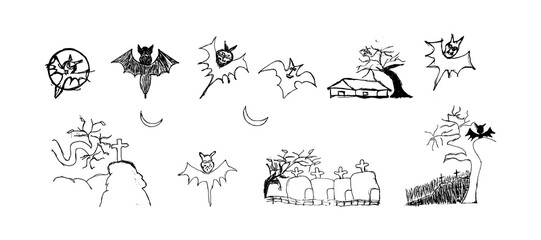 Hand Drawn Halloween Element Vector Illustration. Set of Silhouette of Halloween Illustration Isolated on White Background