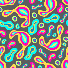 Fototapeta na wymiar Groovy retro style. Hippie elements. Abstraction, psychedelic, spots neon color. Vector seamless Pattern. Light background, wallpaper