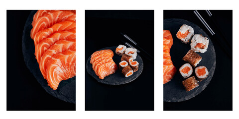 Set with tree images of sushi salmon on black background. Sushi menu. Japanese sushi set.
