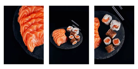 Tuinposter Set with tree images of sushi salmon on black background. Sushi menu. Japanese sushi set. © Studiomann