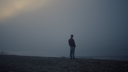Fototapeta premium Calm man standing on beach at sea. Dreamy guy enjoying ocean landscape