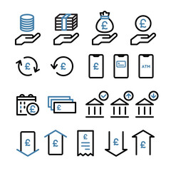 Icon set of money, banknotes, coins, payment, investment, accounting, currency, e-money, household, finance