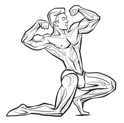Fototapeta na wymiar Bodybuilder muscle man fitness posing Black And White Isolated Hand Drawing Vector Illustration Image