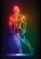 Bodybuilder muscle man fitness posing. Banner with neon silhouette of sexy man figure, beautiful silhouettes, nightclub, striptease, sex shop advertisement, vector illustration - 519587223