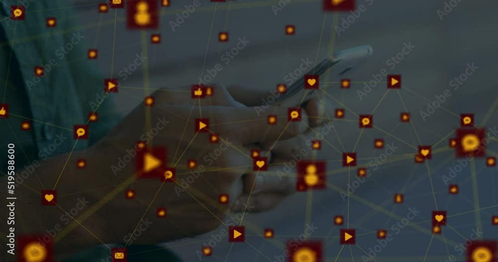 Poster animation of network of digital icons against mid section of a man using smartphone