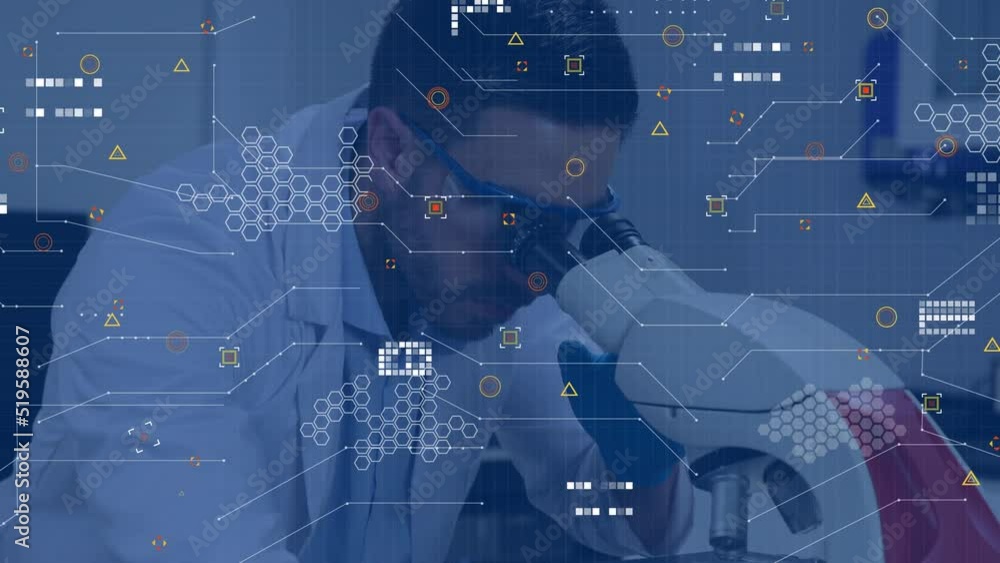 Poster animation of data processing over biracial male scientist using microscope at laboratory