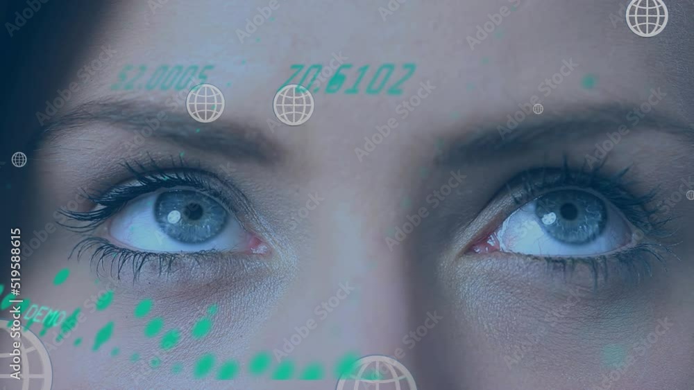 Poster animation of data processing and multiple globe icons floating against close up of female eyes