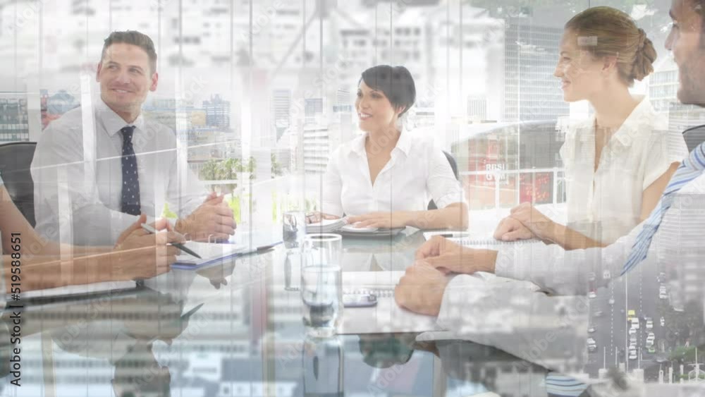 Poster Multiple exposure of multiracial business people discussing in conference room over modern buildings