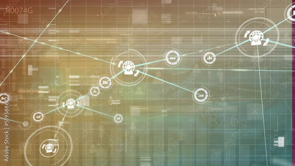 Fototapete animation of graphical people icons connecting with lines with grid patterns over moving graph